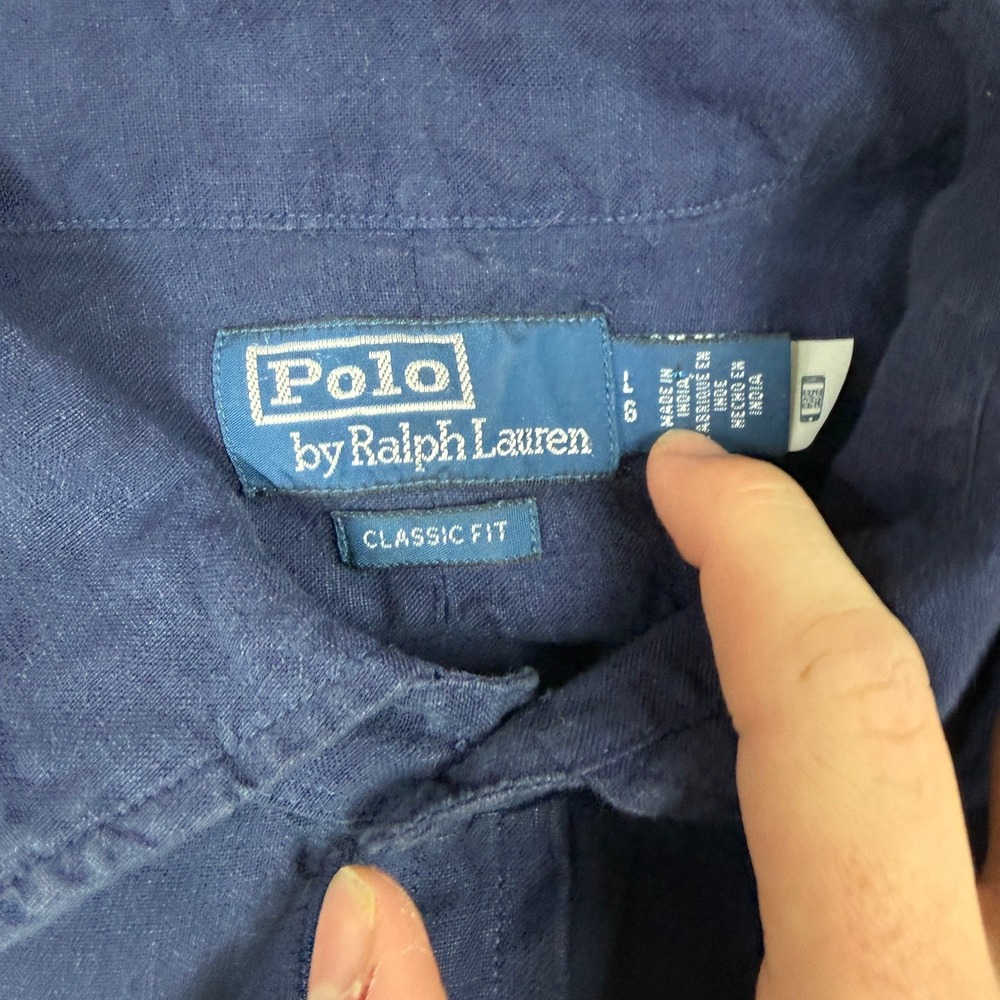 Vintage Y2K Polo Ralph Lauren Men Navy Blue Linen Shirt Classic Fit L Chest 48" - Picture 3 of 11
